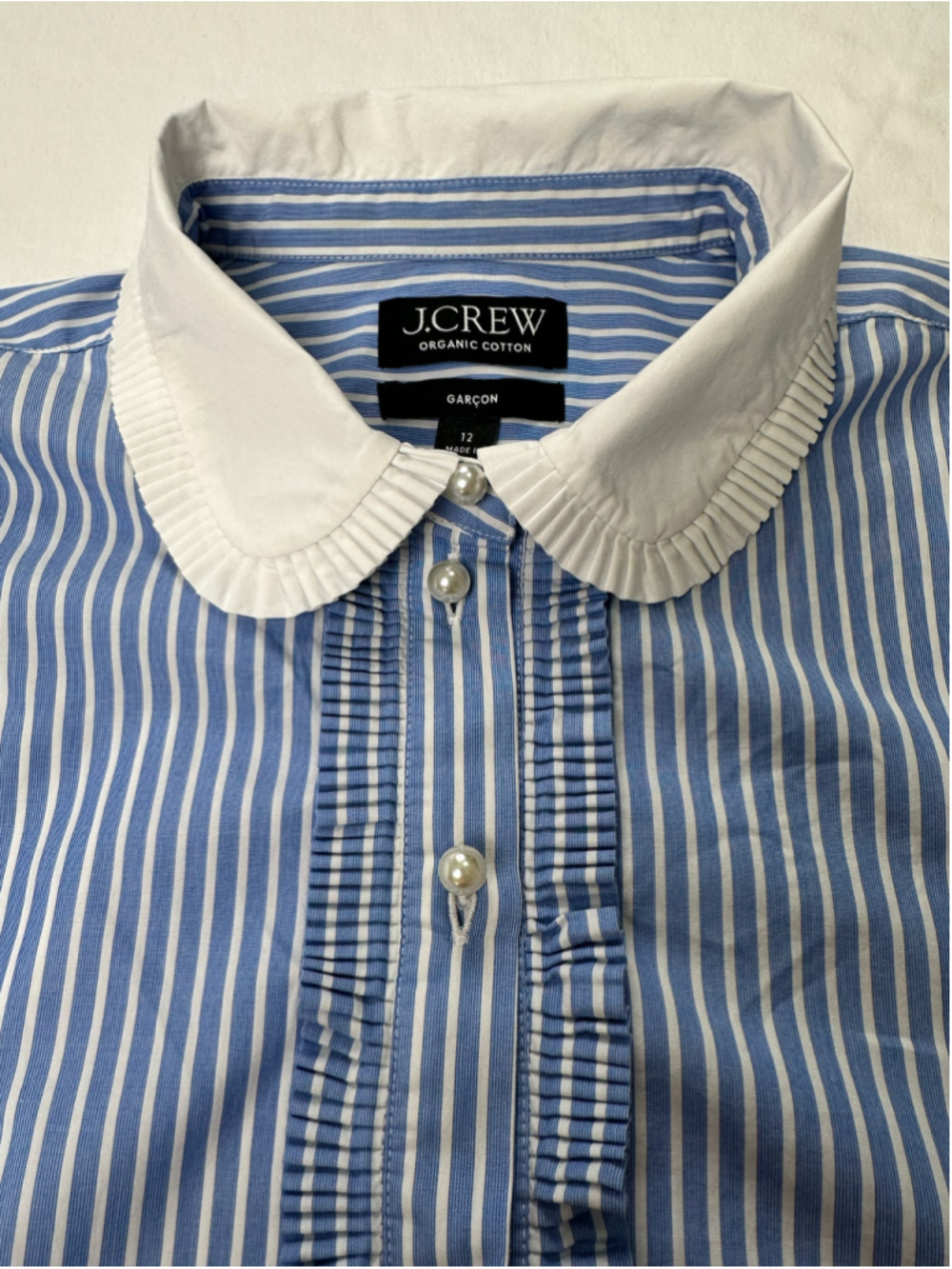 J.Crew Garçon Organic Cotton Striped Blouse Women’s 12 Blue White Ruffle Collar - Picture 5 of 8